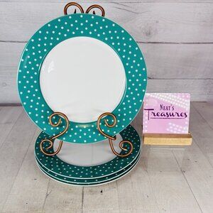 Isaac Mizahi DOT LUXE Green Teal White Polka Dots Porcelain Dinner Plates Set 4